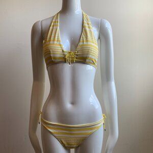 Sauvage California yellow silver striped lace up halter bikini